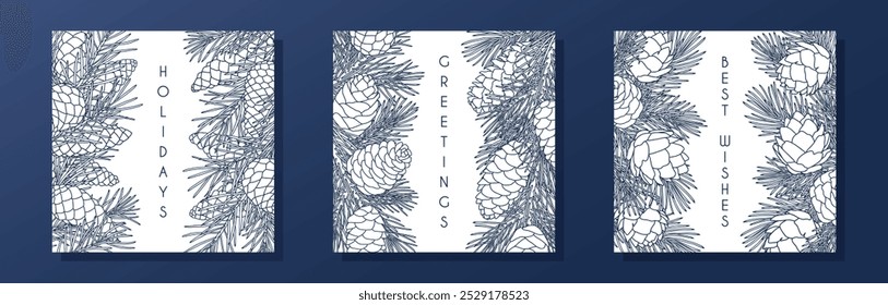 Collection of square compositions with coniferous branches and cones. Templates for seasonal greeting card, banner, invitation, poster, flier. Linear graphic style. Vector illustration.