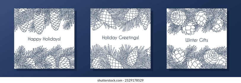 Collection of square compositions with coniferous branches and cones. Templates for seasonal greeting card, banner, invitation, poster, flier. Linear graphic style. Vector illustration.