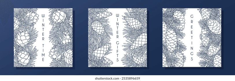 Collection of square compositions with coniferous branches and cones. Templates for seasonal greeting card, banner, invitation, poster, flier. Linear graphic style. Vector illustration.