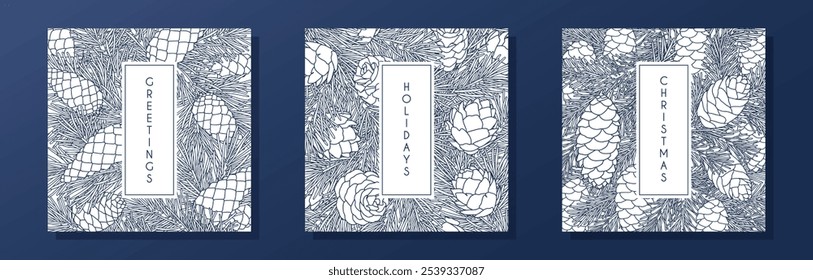 Collection of square compositions with coniferous branches and cones. Templates for seasonal greeting card, banner, invitation, poster, flier. Linear graphic style. Vector illustration.