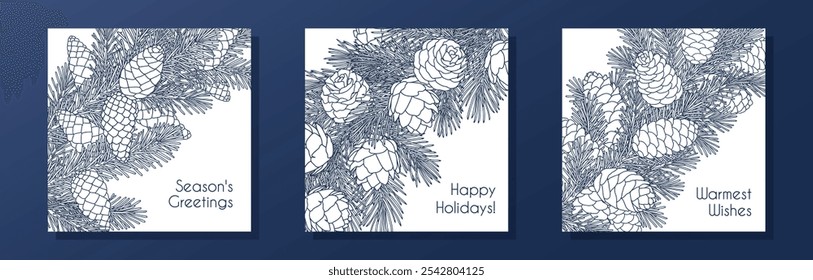 Collection of square compositions with coniferous branches and cones. Templates for seasonal greeting card, banner, invitation, poster, flier. Linear graphic style. Vector illustration.