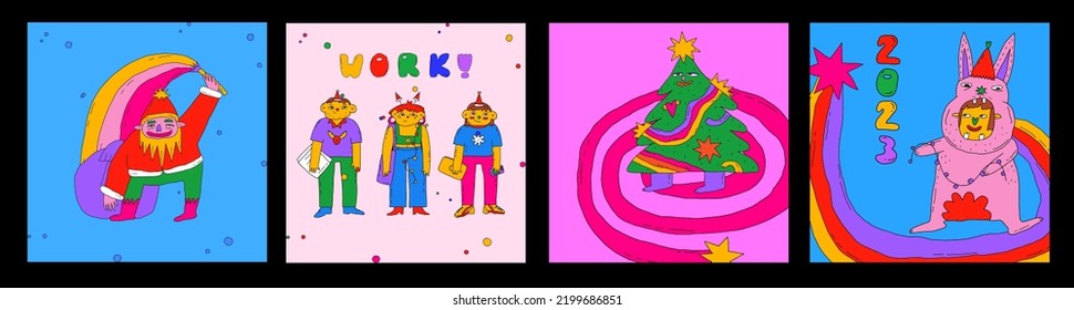 Collection of square crazy postcards.Christmas and New Year posters.Santa with gifts.Party in the office-people in carnival costumes.Christmas tree.Rabbit 2023 with champagne.1970 psychedelic funky