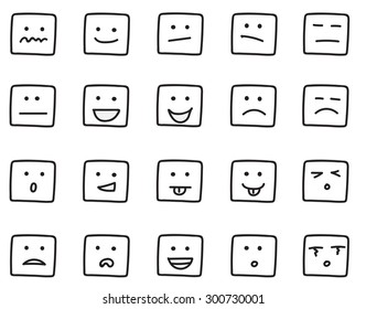 Collection of square faces freehand drawing of emoticons.