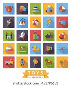 Collection of square flat design long shadow children??s toys icons