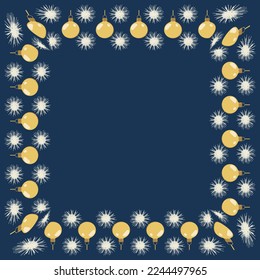 A collection with a square frame of snowflakes and golden balls on a dark blue background for conceptual design. Abstract design