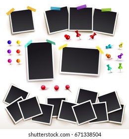 Collection of Square frame template with shadows and push pins. Photo frames horizontal and vertical. Vector illustration EPS 10. Isolated on white background