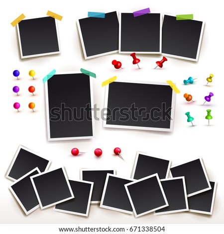 Collection of Square frame template with shadows and push pins. Photo frames horizontal and vertical. Vector illustration EPS 10. Isolated on white background