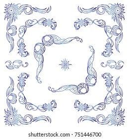 Collection of square frames, corners, dividers in blue watercolor style. Stars, waves, Space and celestial body abstract elements. Abstract signs and symbols. Set 1 from 6