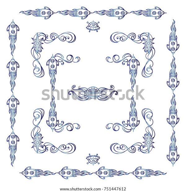 Collection of square\
frames, corners, dividers in blue watercolor style. Stars, waves,\
Space and celestial body abstract elements. Abstract signs and\
symbols. Set 1 from\
6