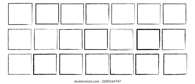 collection of square frames with textured, hand-drawn brush strokes vector isolated on white background
