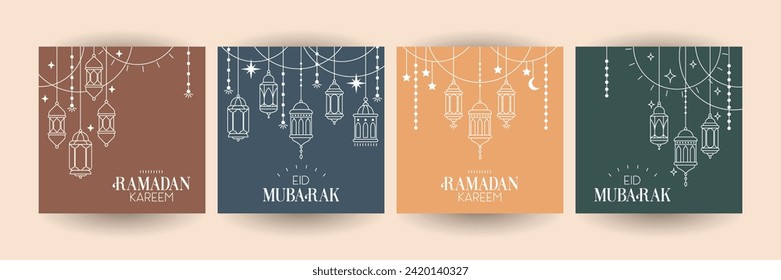 A collection of square greeting cards for Ramadan Mubarak . In the style of one line, on a monochrome background with lanterns, stars, calligraphy. Simple vector illustration