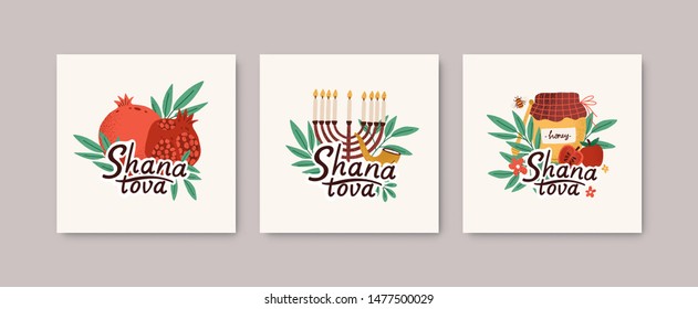 Collection of square greeting cards with Shana Tova message, leaves, shofar horn, menorah, honey, apples, pomegranates. Flat cartoon holiday vector illustration for Rosh Hashanah celebration.