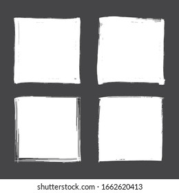 Collection of square grunge brush strokes frames in white isolated over dark grey background. Set of design elements. Vector illustration.