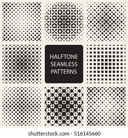 Collection of square halftone seamless geometric patterns.Vector monochrome backgrounds.