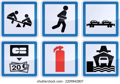 Collection Of Square Information Signs For Services Such As Children's Playground, ATM, Fire Extinguisher, Jogging Circuit, Train Car Transport And Car Transport Ferry (metal Reflection)