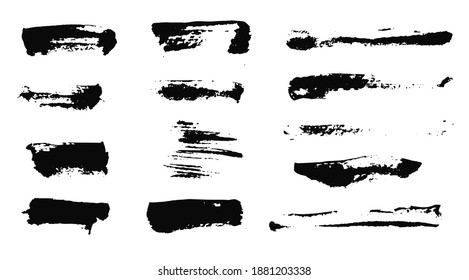 Collection of square isolated black textured grunge brush strokes. Dirty hand drawn inky lines and blobs set for graphic design, decoration