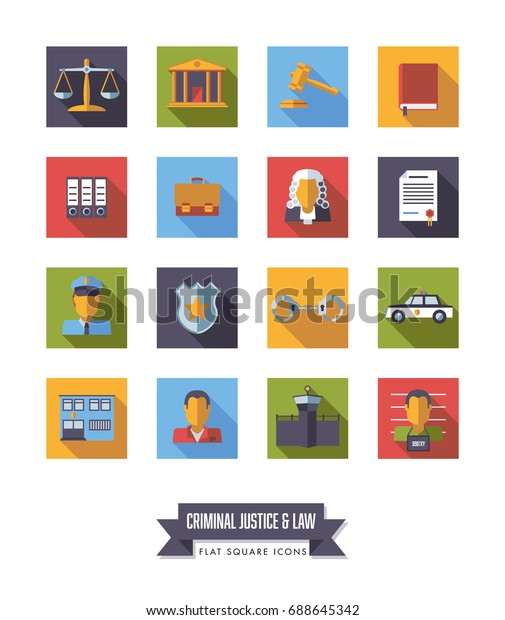 Collection of square law and criminal\
justice icons. Flat design long shadow round\
symbols.