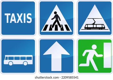Sammlung von quadratischen Metallschildern zur Information über eine Fußgängerüberquerung, einen Notausgang, eine Einbahnstraße, eine Straßenbahnüberquerung und eine Zone für Taxi und öffentliche Verkehrsmittel