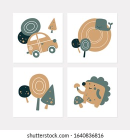Collection of square postcards with cartoon forest and travel. Vector illustrations for posters, clothing, games and books