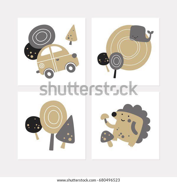 Collection of square postcards with cartoon forest\
and travel. Vector illustrations for posters, clothing, games and\
books