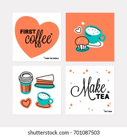 Collection of square postcards with food and lettering. Vector illustrations for posters, stickers and clothing