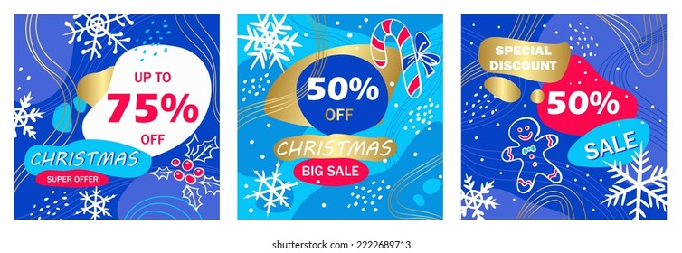 Collection of square posters with Christmas discounts in sky blue color. Covers with snowflakes, spots, 75%, 50%, holly berries, ginger boy. Template for social media, banner, poster, flyer. Vector.