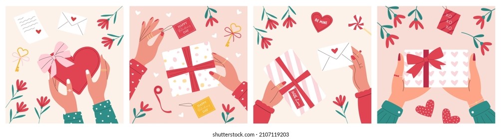 Collection of square posts for Saint Valentines Day. Hands wrap gifts. Flat Vector illustration