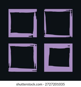 Una colección de marcos cuadrados de grunge púrpura con pinceladas ásperas y texturas de graffiti. Plantilla de Vector cuadrado con un fondo dañado.