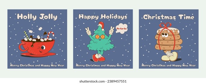 collection of square retro greeting cards with funny,comic groovy characters Christmas tree, cocoa, ginger cookies isolated on a white background.Merry Christmas and Happy New Year.Vector illustration