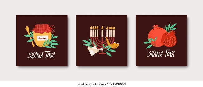 Collection of square Rosh Hashanah cards with Shana Tova phrase decorated by menorah, shofar horn, honey, bird, pomegranate. Flat cartoon vector illustration for Jewish religious holiday celebration.