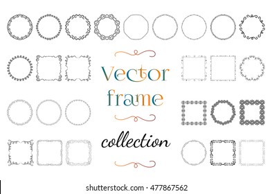 Collection square and round frames made of thin lines on white background