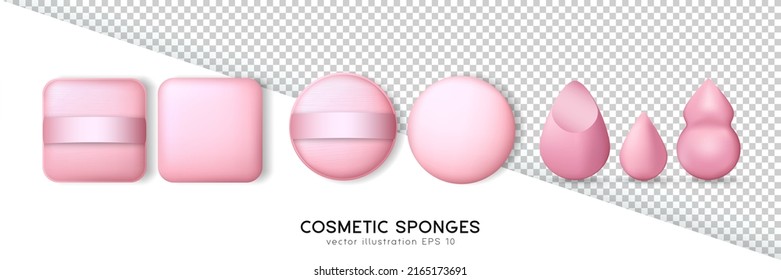 Collection of square and round powder puffs and beauty blender different shapes. Pink cosmetic sponges for apply make up isolated on transparent and white background. Realistic makeup items template
