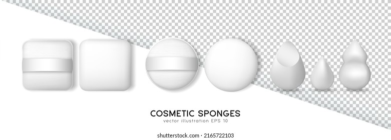 Collection of square and round powder puffs and beauty blender different shapes. White cosmetic sponges for apply make up isolated on transparent and white background. Realistic makeup items template