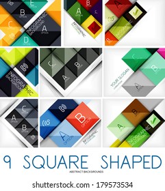 Kollektion quadratischer geometrischer Hintergründe - 9 Designvorlagen. Für Unternehmen | nummerierte Banner | Geschäftsfelder | grafische Website