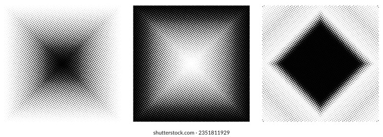 A collection of square shapes with halftone gradient and dotted patterns isolated on a white background. Utilized as a logo design element. vector illustration.