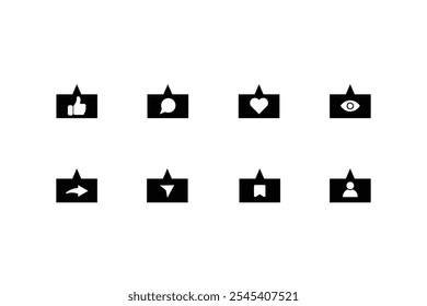 Collection of square social media notification bubble silhouette icons set. Like, comment, share, save, follow and view.Icons in black.