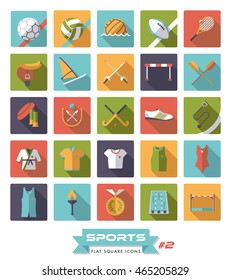 Collection of square sports icons, flat design, long shadow. Icon set 2.