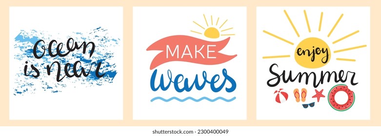 Collection square summer banner. Ocean is near. Make waves. Enjoy summer. Vector illustration. 