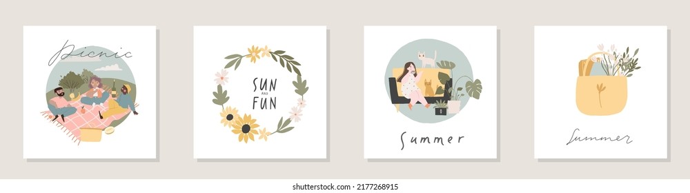 Collection of square summer cards with lettering handwritten, summer people and seasonal decorations - leaves, flowers, photo camera, sunglasses, seashell. Flat colored vector illustration