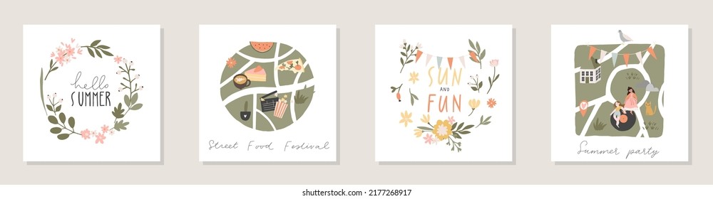 Collection of square summer cards with lettering handwritten, summer people and seasonal decorations - leaves, flowers, photo camera, sunglasses, seashell. Flat colored vector illustration