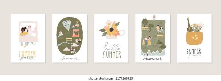 Collection of square summer cards with lettering handwritten, summer people and seasonal decorations - leaves, flowers, photo camera, sunglasses, seashell. Flat colored vector illustration