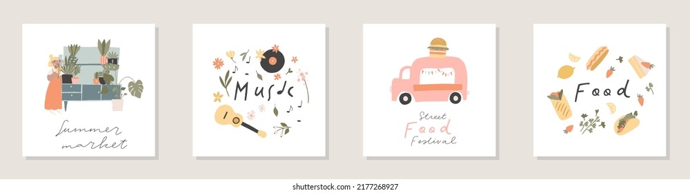 Collection of square summer cards with lettering handwritten, summer people and seasonal decorations - leaves, flowers, photo camera, sunglasses, seashell. Flat colored vector illustration