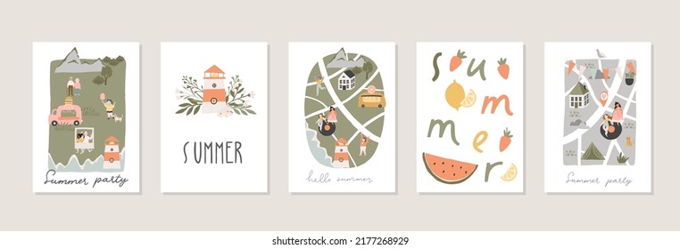 Collection of square summer cards with lettering handwritten, summer people and seasonal decorations - leaves, flowers, photo camera, sunglasses, seashell. Flat colored vector illustration
