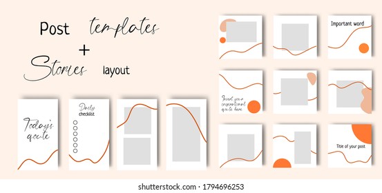 Collection of square templates. Abstract organic frames, stories layouts. Editable social media templates 