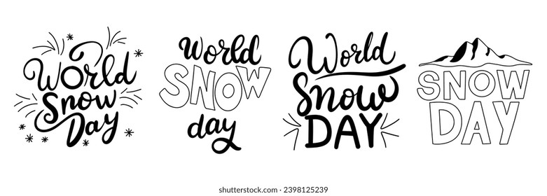 Colección de banner de texto cuadrado para el Día Mundial de la Nieve. Texto de escritura a mano sobre las inscripciones del Día Mundial de la Nieve. Banderas de texto negras. Arte vector dibujado a mano