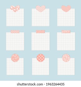 Collection of squared sheets of grid note papers with heart, circle, rectangle push washi tape pin, ready for message, note, wish list. Vector illustration. Isolated on blue background, front view