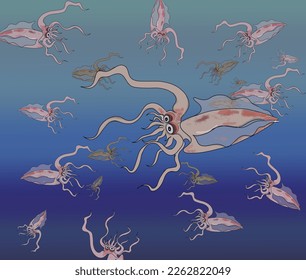 A collection of squid squid with blue gradient