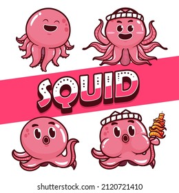 Collection of squid cartoon cute  isolated on white background. Vector illustration.