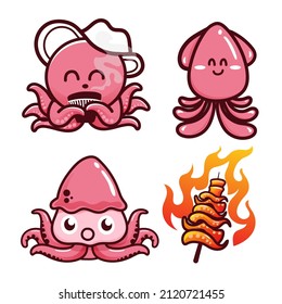 Collection of squid cartoon cute  isolated on white background. Vector illustration.