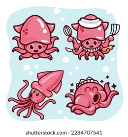 Colección de caricaturas calamares lindas aisladas en fondo blanco. Ilustración vectorial.